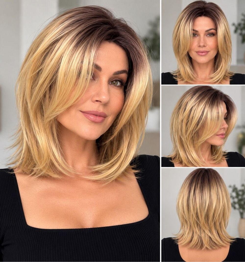 Blonde Layered Shoulder Length Wig Synthetic Hair Adjustable Cap Adult